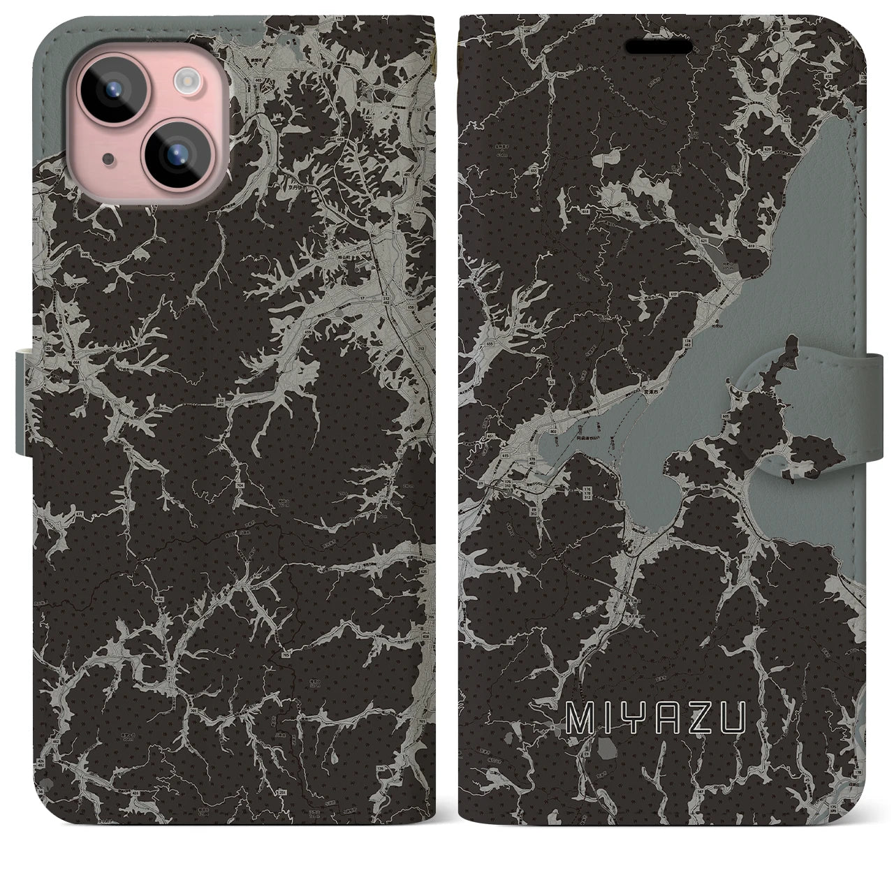 【宮津(京都府)】地図柄iPhoneケース(手帳タイプ)モノトーン・iPhone 15 Plus 用