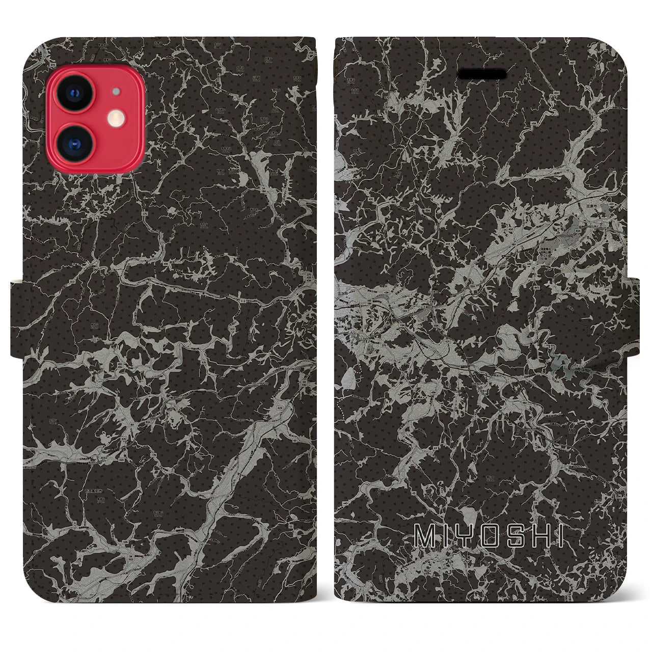 【三次(広島県)】地図柄iPhoneケース(手帳タイプ)モノトーン・iPhone 11 用