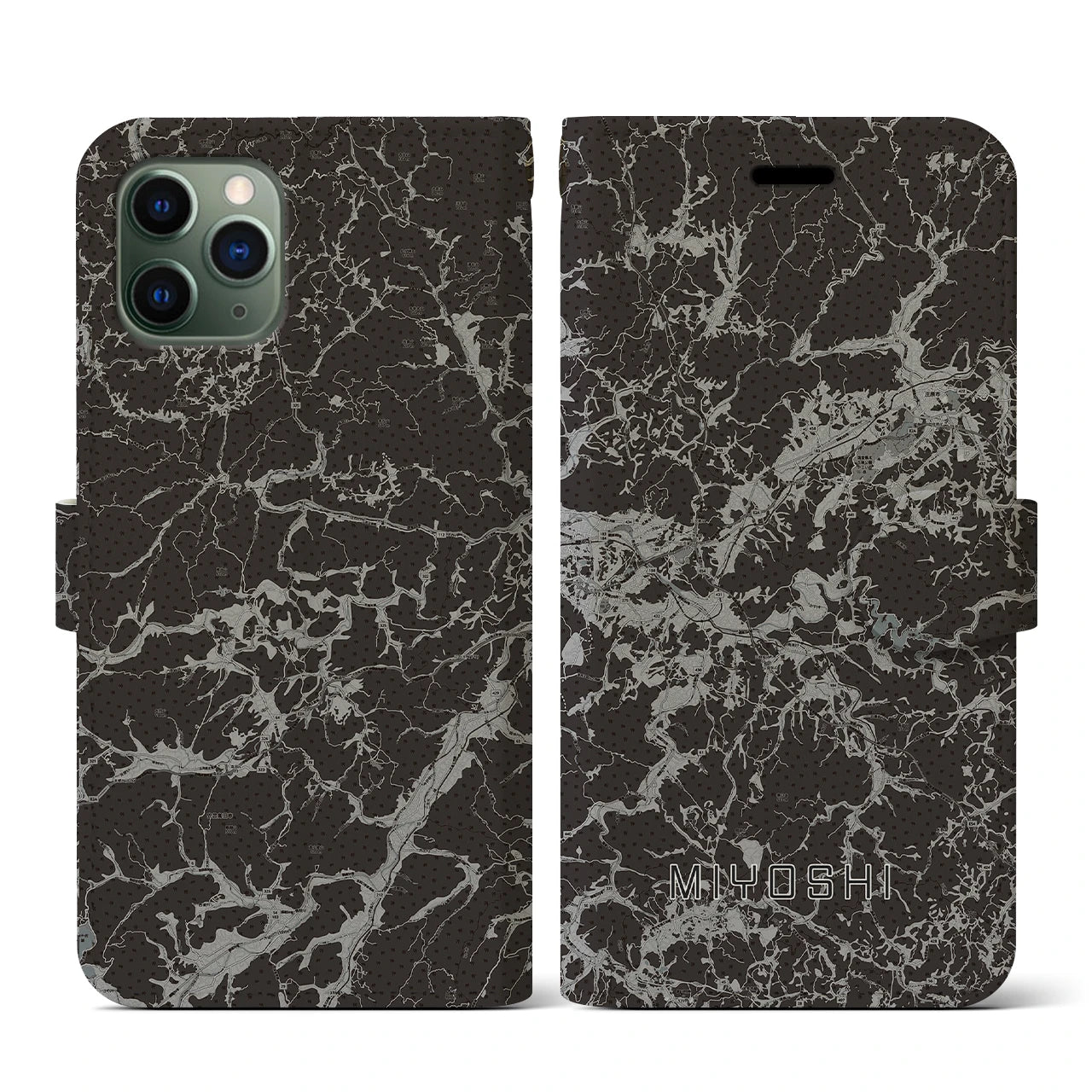 【三次(広島県)】地図柄iPhoneケース(手帳タイプ)モノトーン・iPhone 11 Pro 用