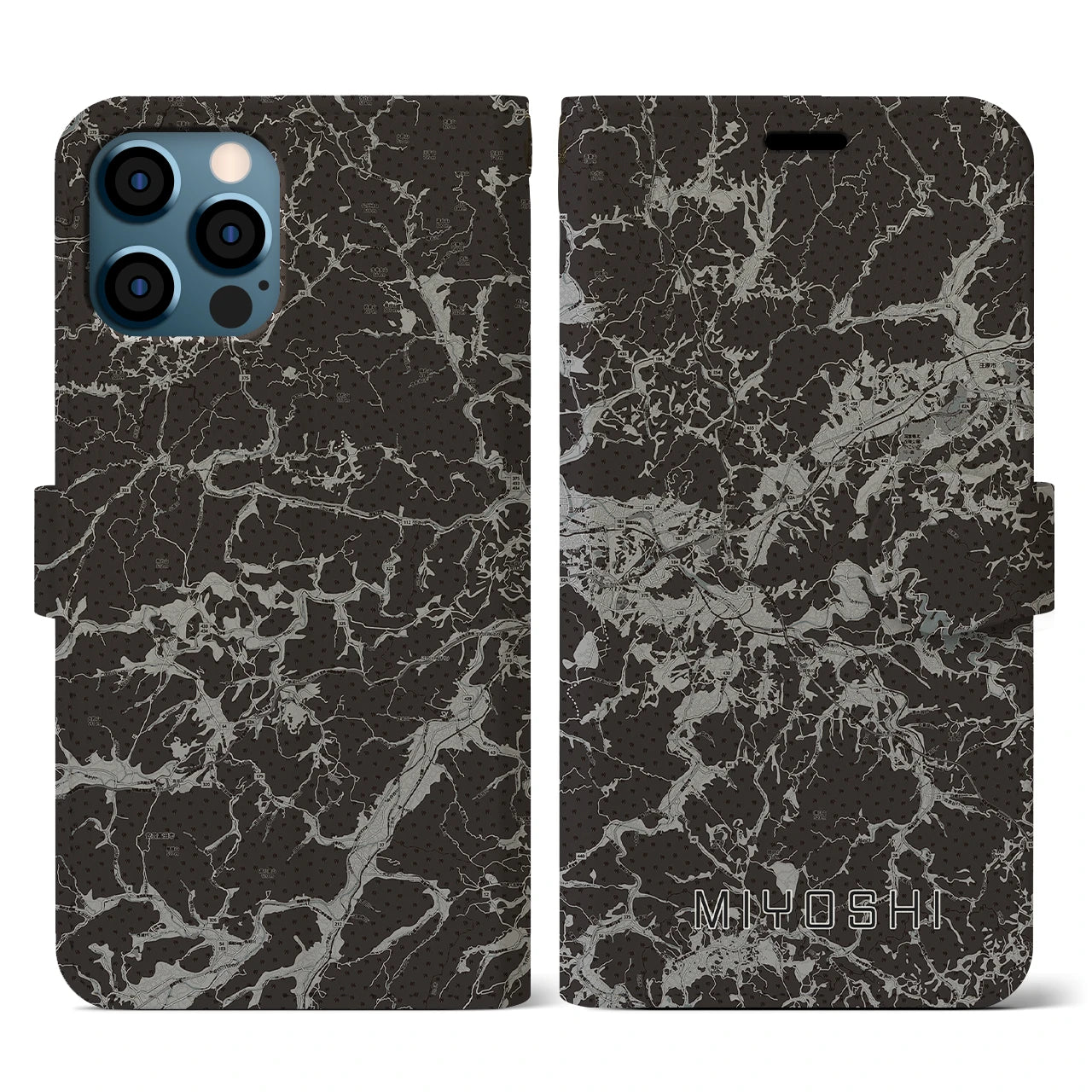 【三次(広島県)】地図柄iPhoneケース(手帳タイプ)モノトーン・iPhone 12 / 12 Pro 用