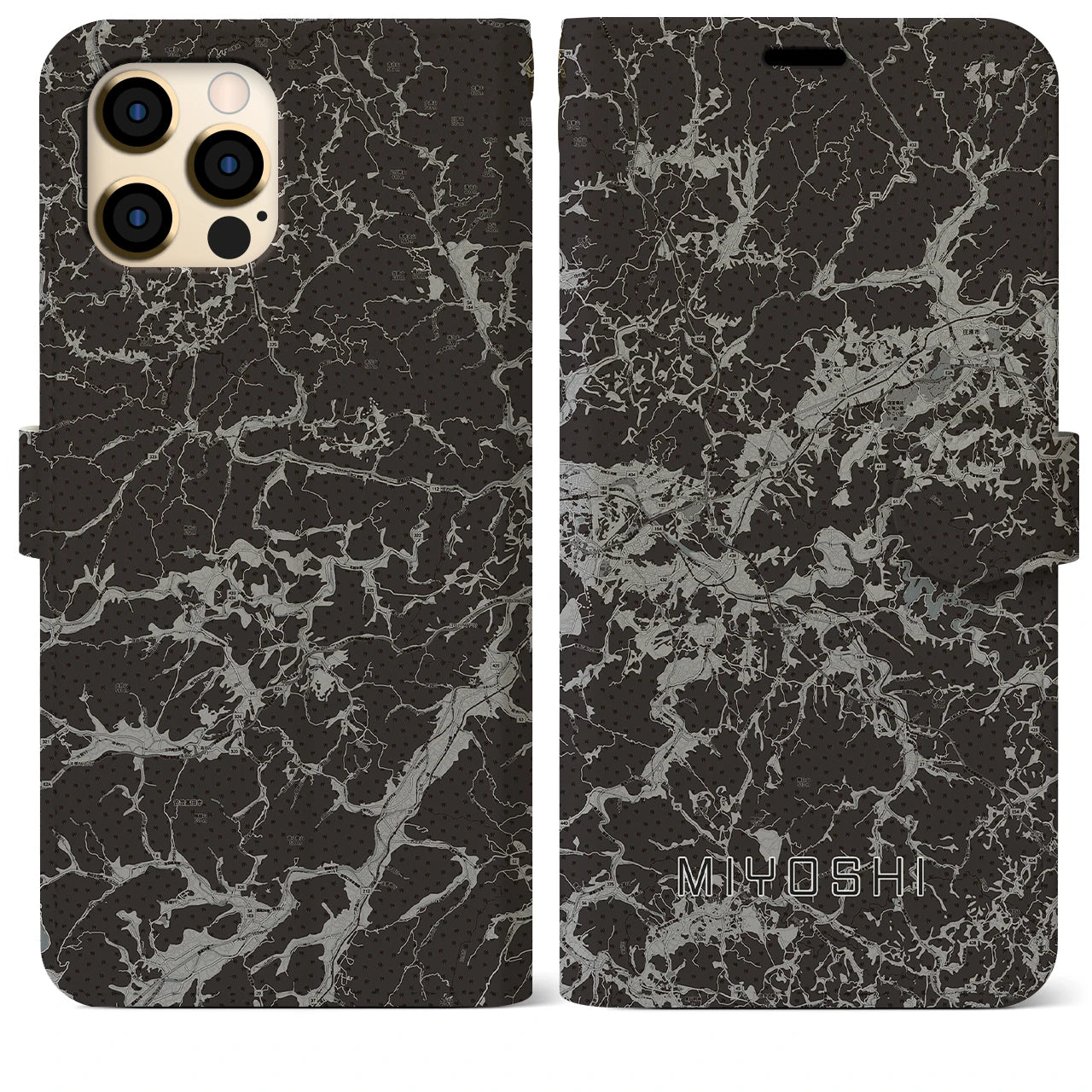 【三次(広島県)】地図柄iPhoneケース(手帳タイプ)モノトーン・iPhone 12 Pro Max 用