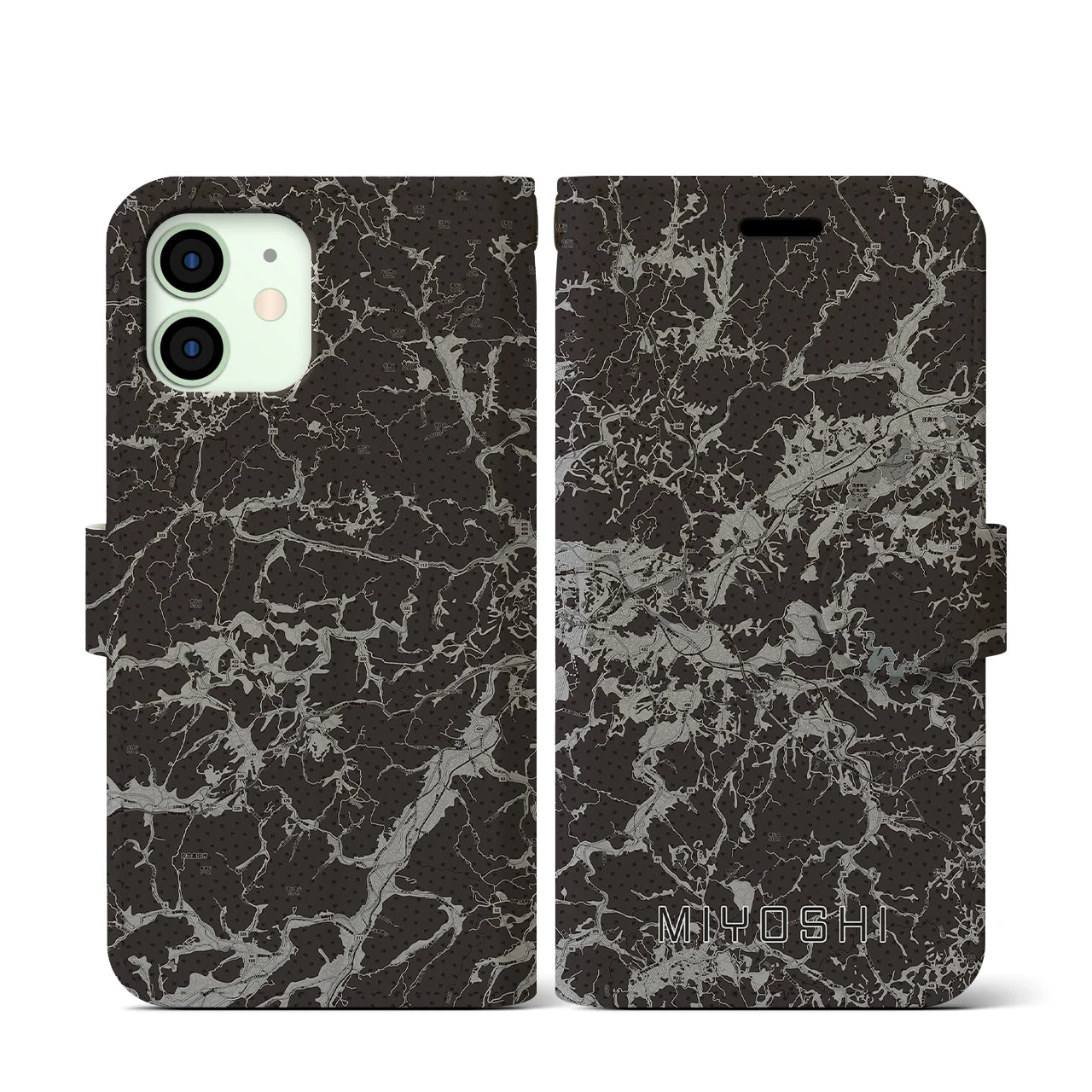 【三次(広島県)】地図柄iPhoneケース(手帳タイプ)モノトーン・iPhone 12 mini 用