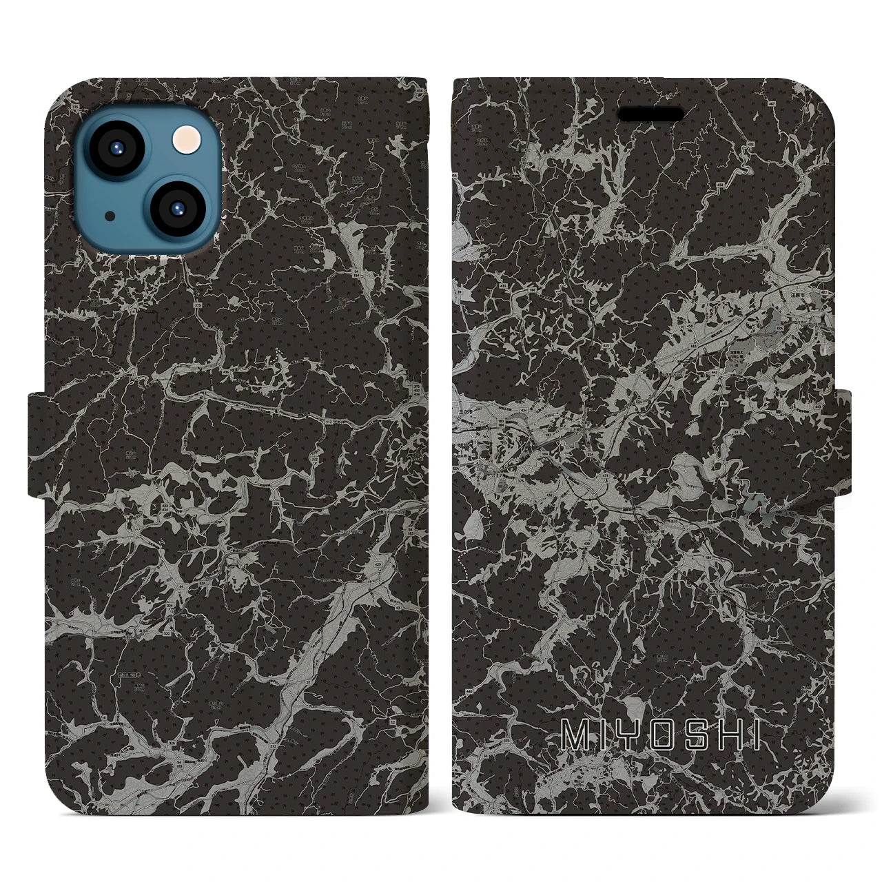 【三次(広島県)】地図柄iPhoneケース(手帳タイプ)モノトーン・iPhone 13 用