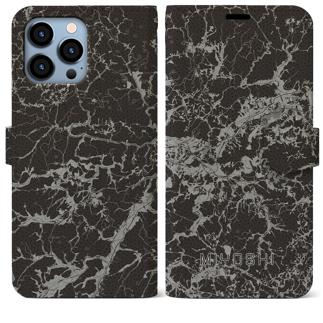 【三次(広島県)】地図柄iPhoneケース(手帳タイプ)モノトーン・iPhone 13 Pro Max 用