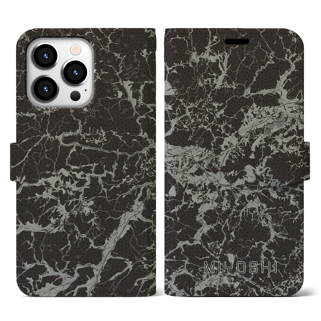 【三次(広島県)】地図柄iPhoneケース(手帳タイプ)モノトーン・iPhone 13 Pro 用