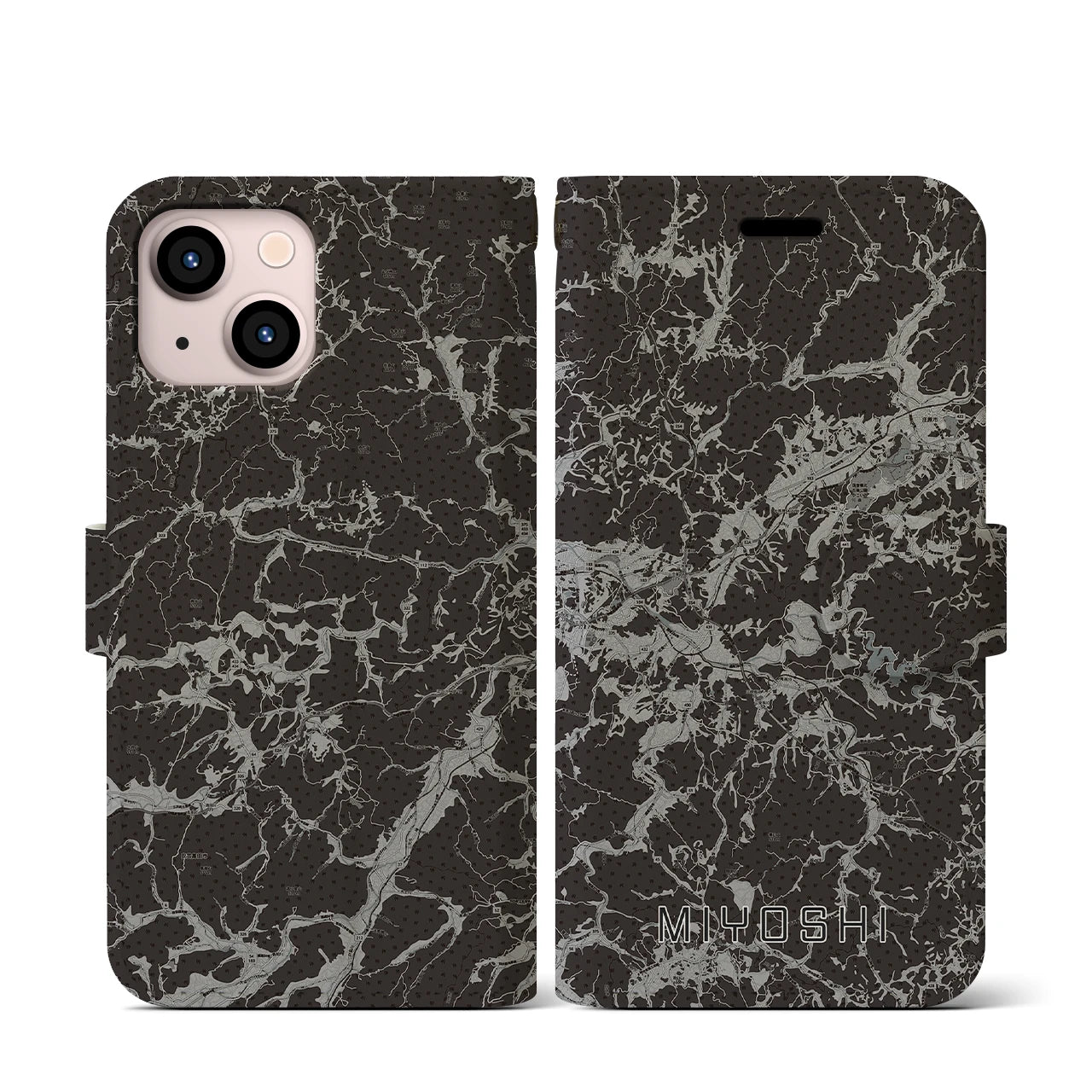 【三次(広島県)】地図柄iPhoneケース(手帳タイプ)モノトーン・iPhone 13 mini 用