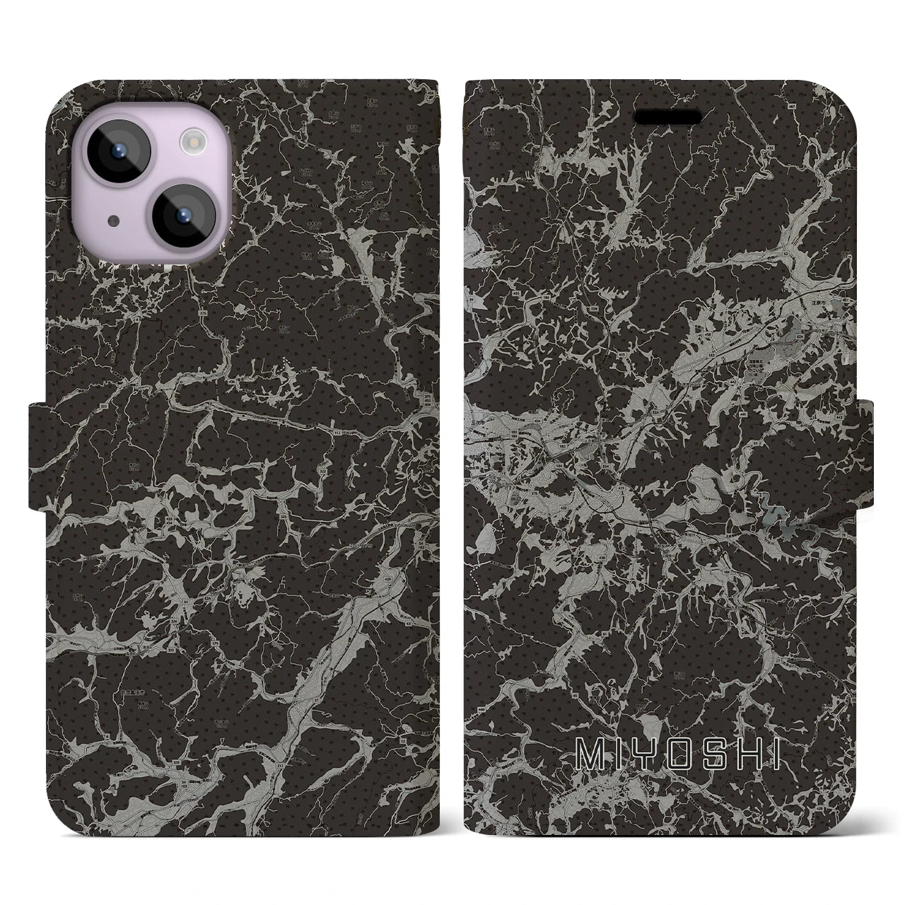 【三次(広島県)】地図柄iPhoneケース(手帳タイプ)モノトーン・iPhone 14 用