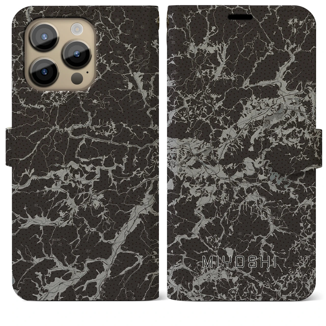 【三次(広島県)】地図柄iPhoneケース(手帳タイプ)モノトーン・iPhone 14 Pro Max 用