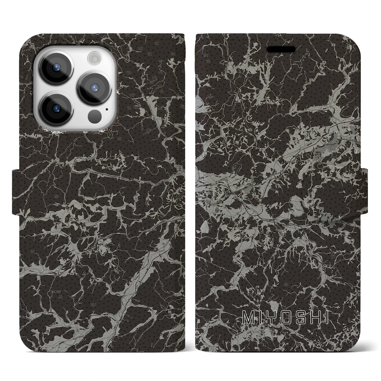 【三次(広島県)】地図柄iPhoneケース(手帳タイプ)モノトーン・iPhone 14 Pro 用