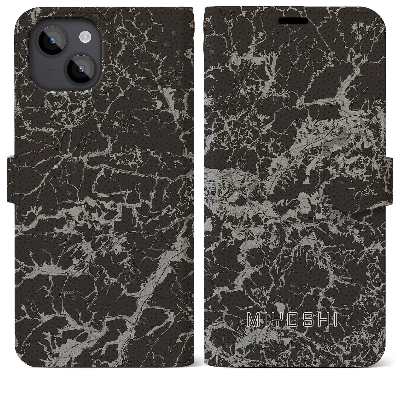 【三次(広島県)】地図柄iPhoneケース(手帳タイプ)モノトーン・iPhone 14 Plus 用