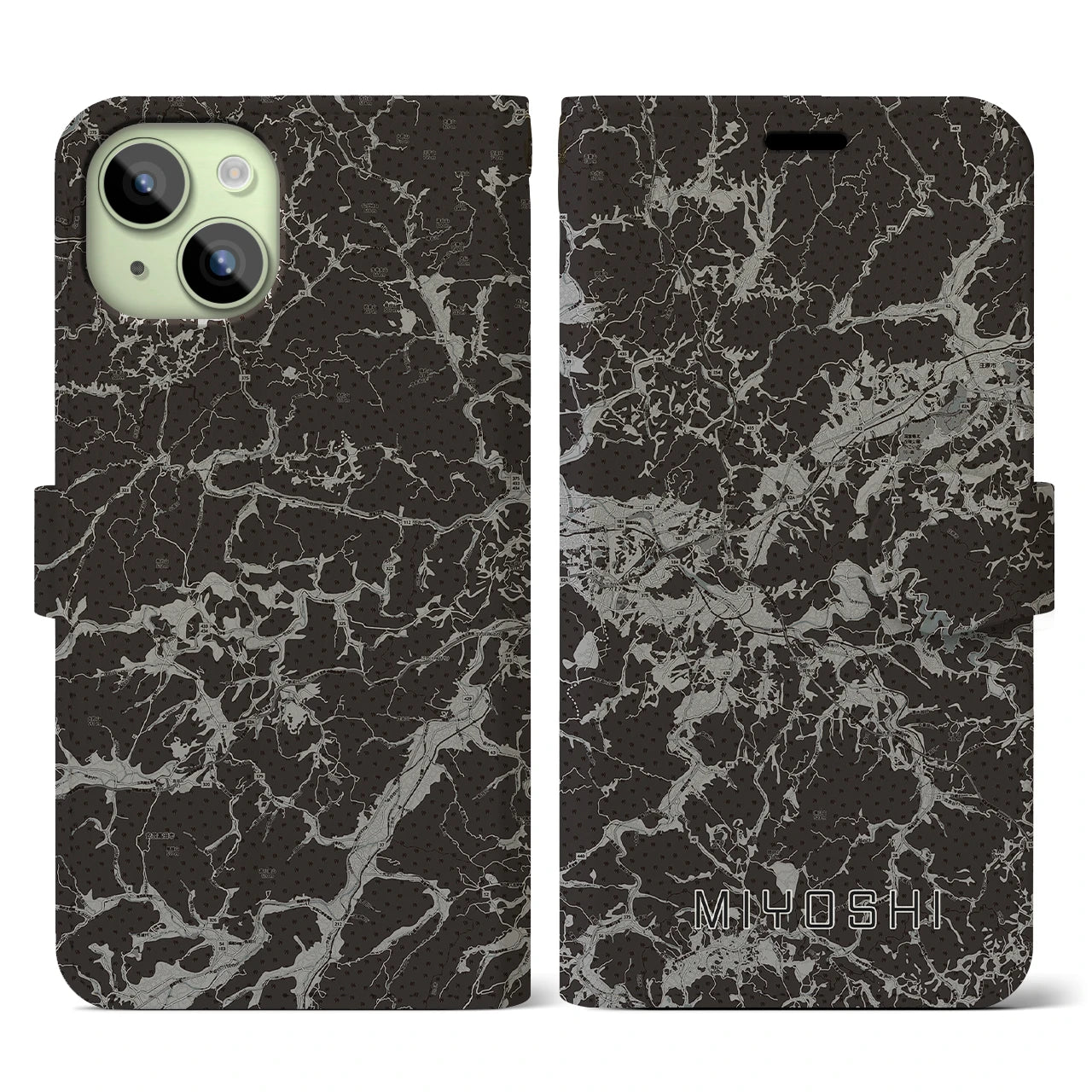 【三次(広島県)】地図柄iPhoneケース(手帳タイプ)モノトーン・iPhone 15 用