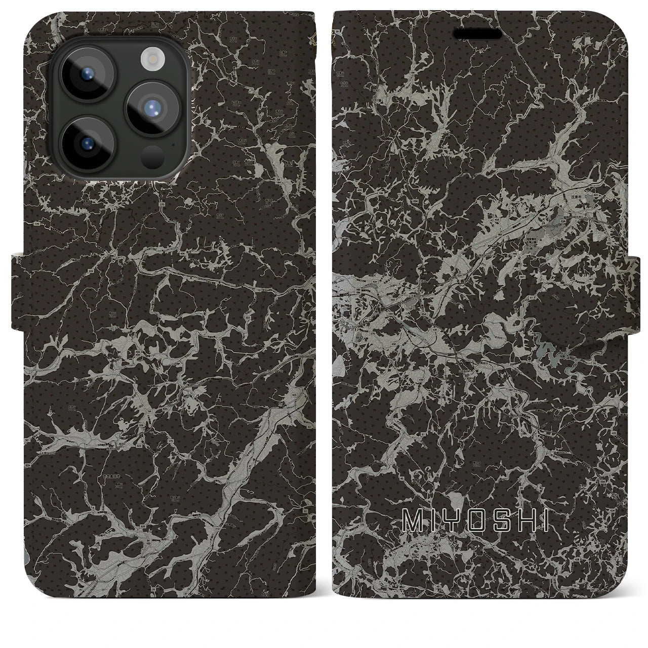 【三次(広島県)】地図柄iPhoneケース(手帳タイプ)モノトーン・iPhone 15 Pro Max 用