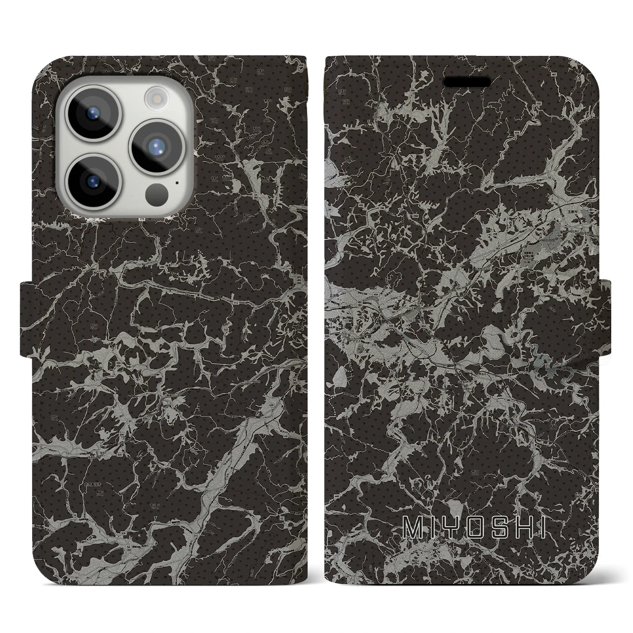 【三次(広島県)】地図柄iPhoneケース(手帳タイプ)モノトーン・iPhone 15 Pro 用