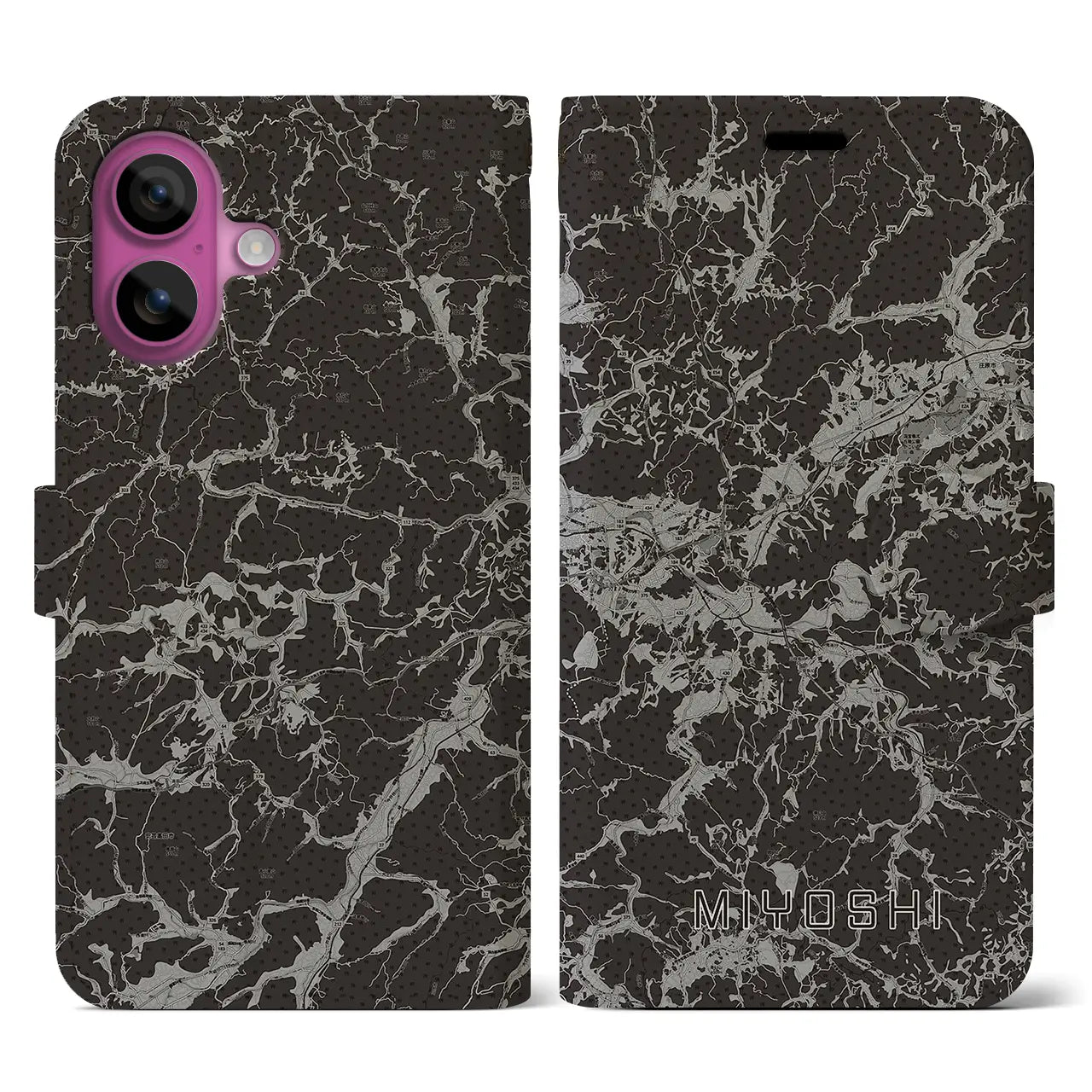 【三次(広島県)】地図柄iPhoneケース(手帳タイプ)モノトーン・iPhone 16 Pro 用