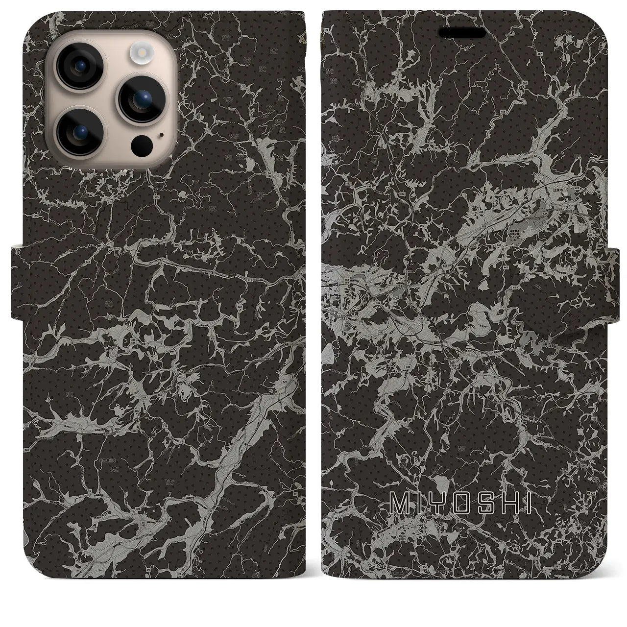 【三次(広島県)】地図柄iPhoneケース(手帳タイプ)モノトーン・iPhone 16 Plus 用