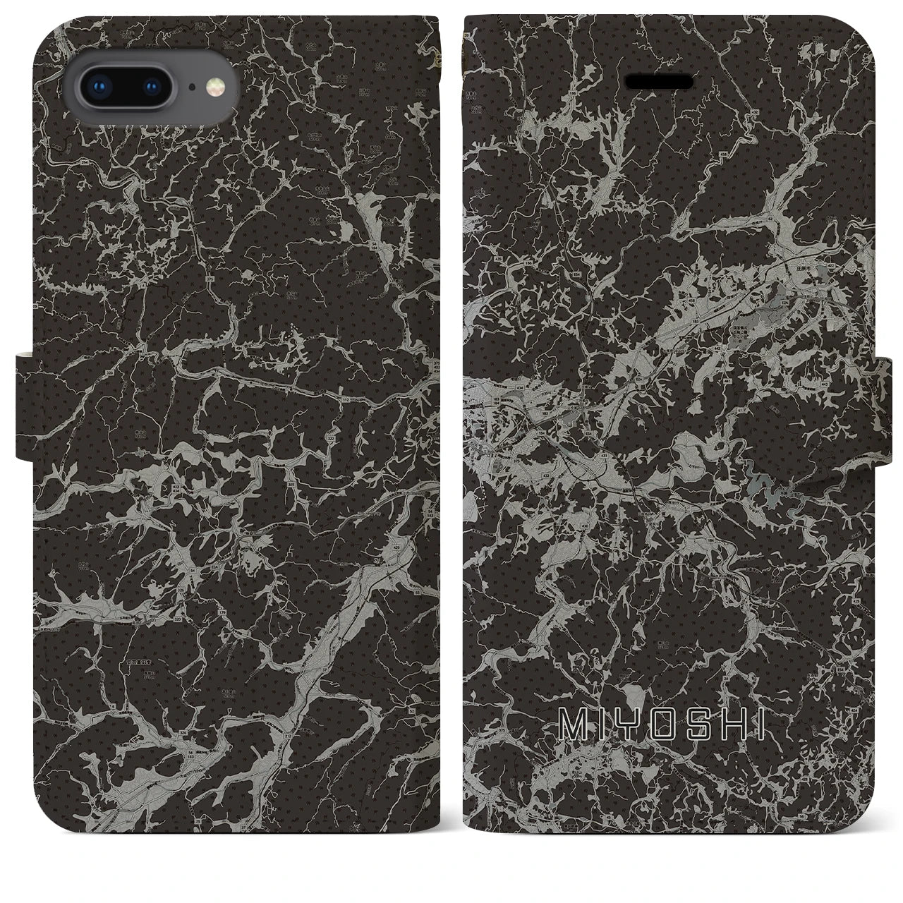 【三次(広島県)】地図柄iPhoneケース(手帳タイプ)モノトーン・iPhone 8Plus /7Plus / 6sPlus / 6Plus 用