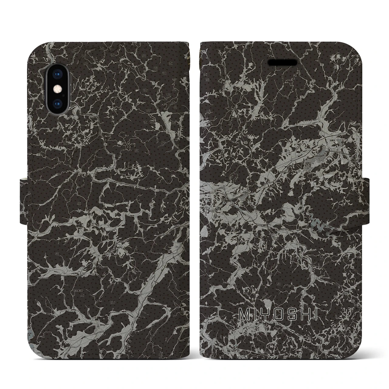 【三次(広島県)】地図柄iPhoneケース(手帳タイプ)モノトーン・iPhone XS / X 用