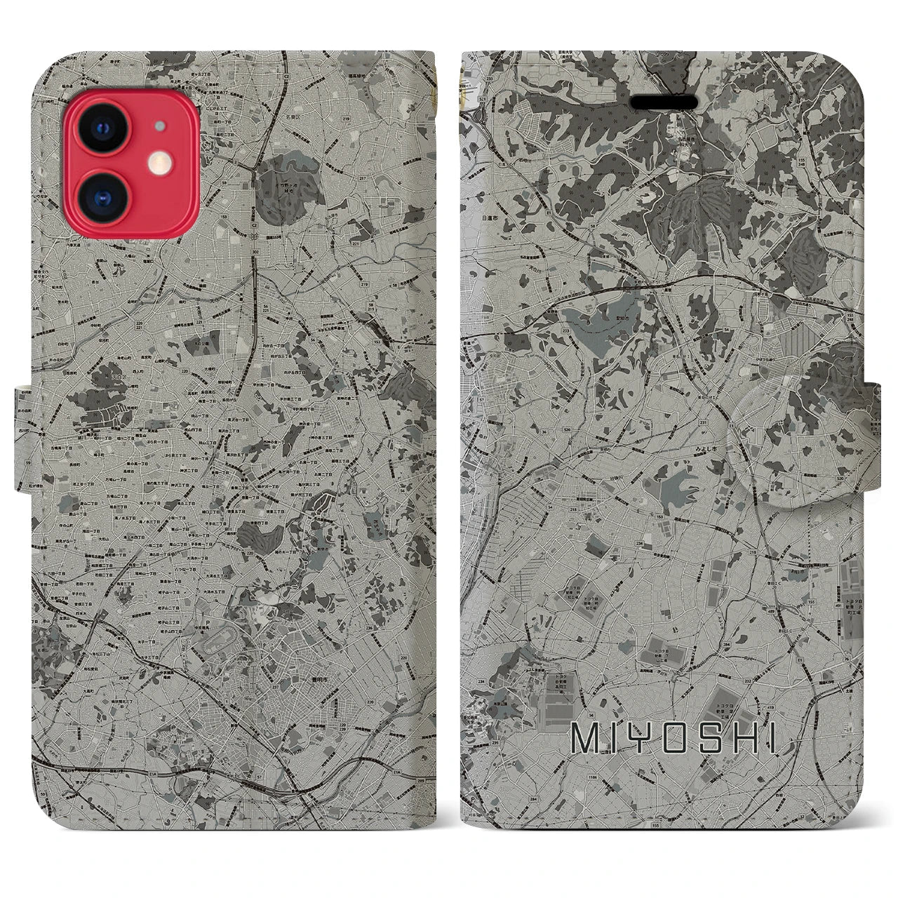 【みよし(愛知県)】地図柄iPhoneケース(手帳タイプ)モノトーン・iPhone 11 用