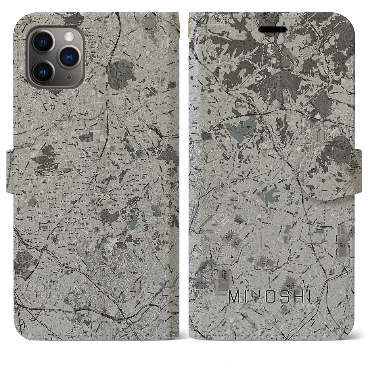 【みよし(愛知県)】地図柄iPhoneケース(手帳タイプ)モノトーン・iPhone 11 Pro Max 用