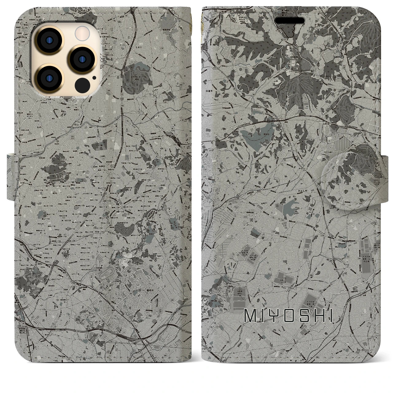 【みよし(愛知県)】地図柄iPhoneケース(手帳タイプ)モノトーン・iPhone 12 Pro Max 用