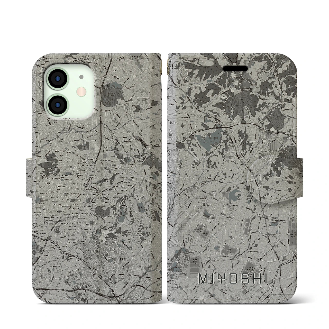 【みよし(愛知県)】地図柄iPhoneケース(手帳タイプ)モノトーン・iPhone 12 mini 用