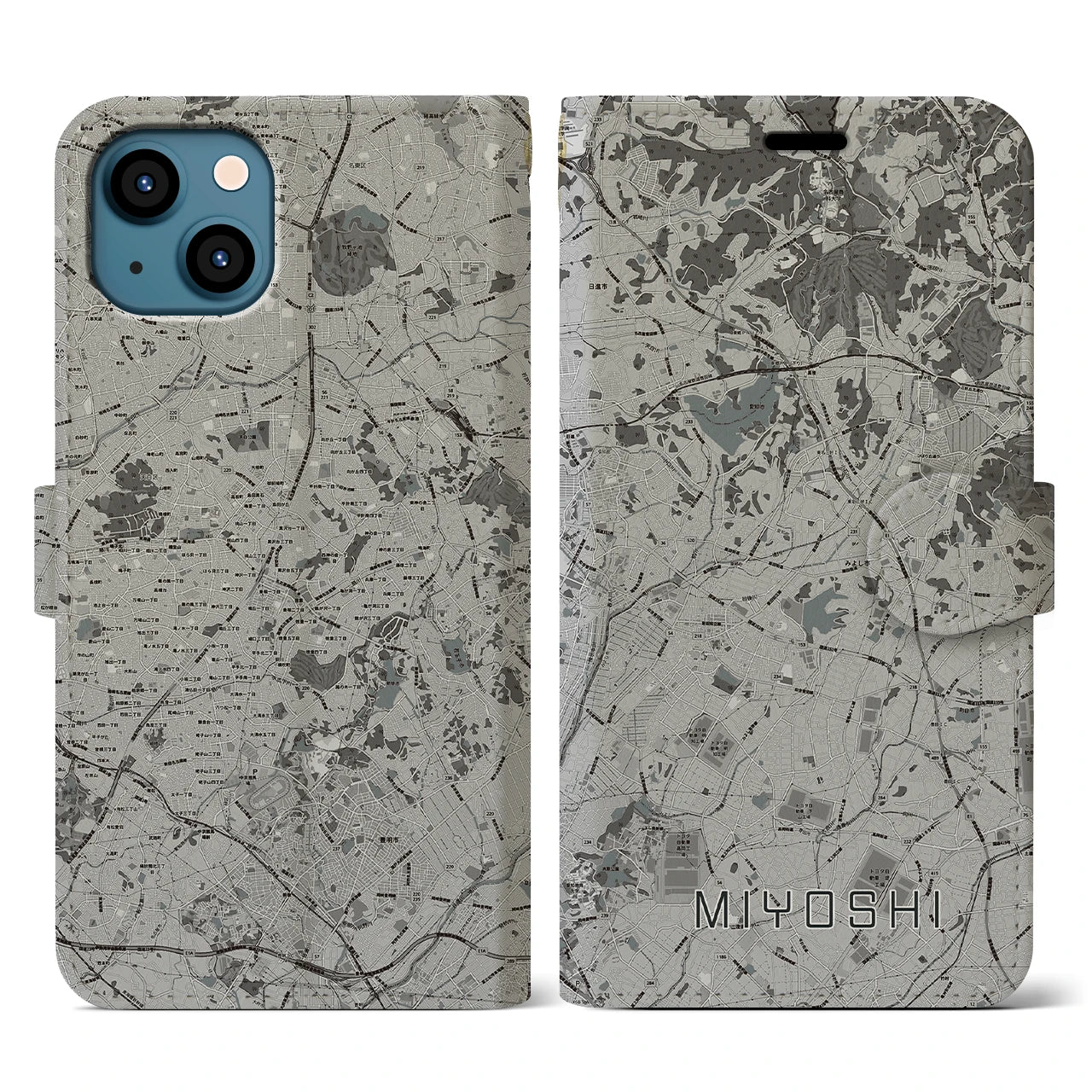 【みよし(愛知県)】地図柄iPhoneケース(手帳タイプ)モノトーン・iPhone 13 用