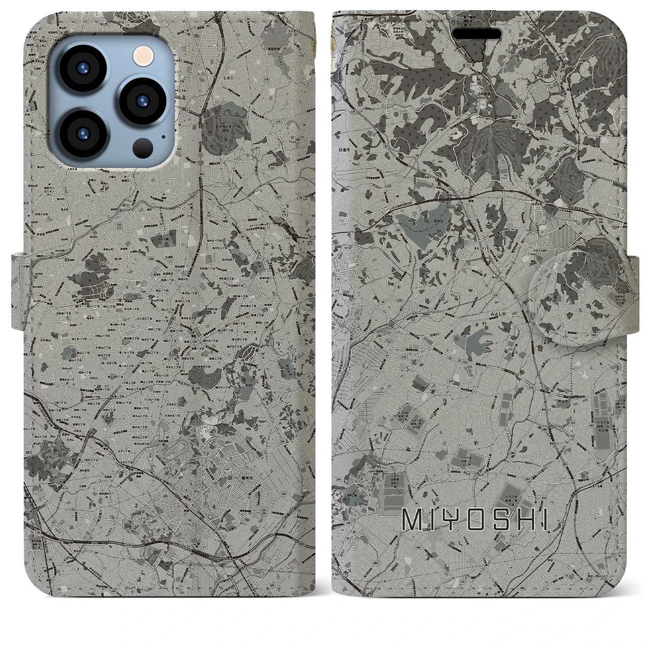 【みよし(愛知県)】地図柄iPhoneケース(手帳タイプ)モノトーン・iPhone 13 Pro Max 用