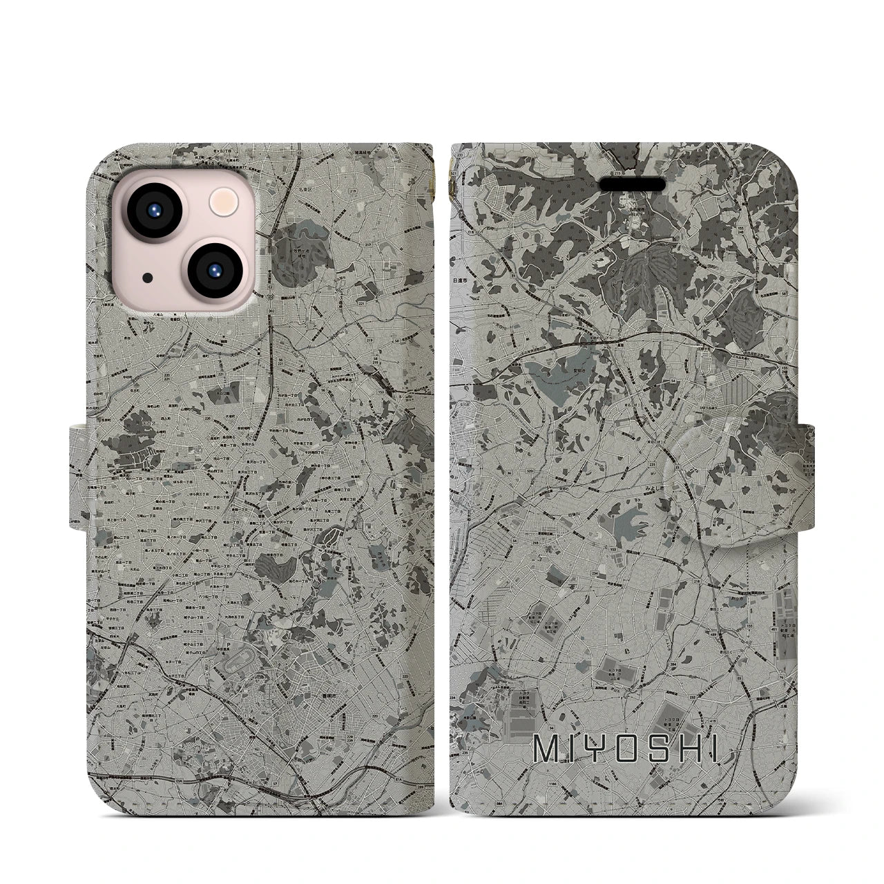 【みよし(愛知県)】地図柄iPhoneケース(手帳タイプ)モノトーン・iPhone 13 mini 用