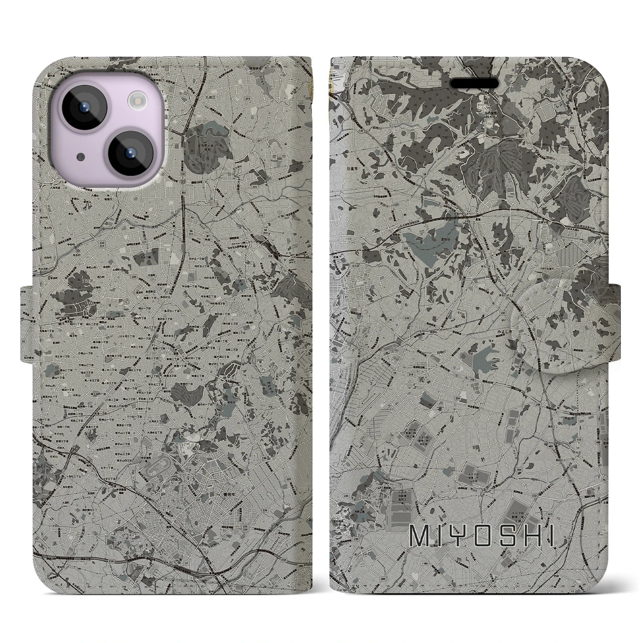 【みよし(愛知県)】地図柄iPhoneケース(手帳タイプ)モノトーン・iPhone 14 用