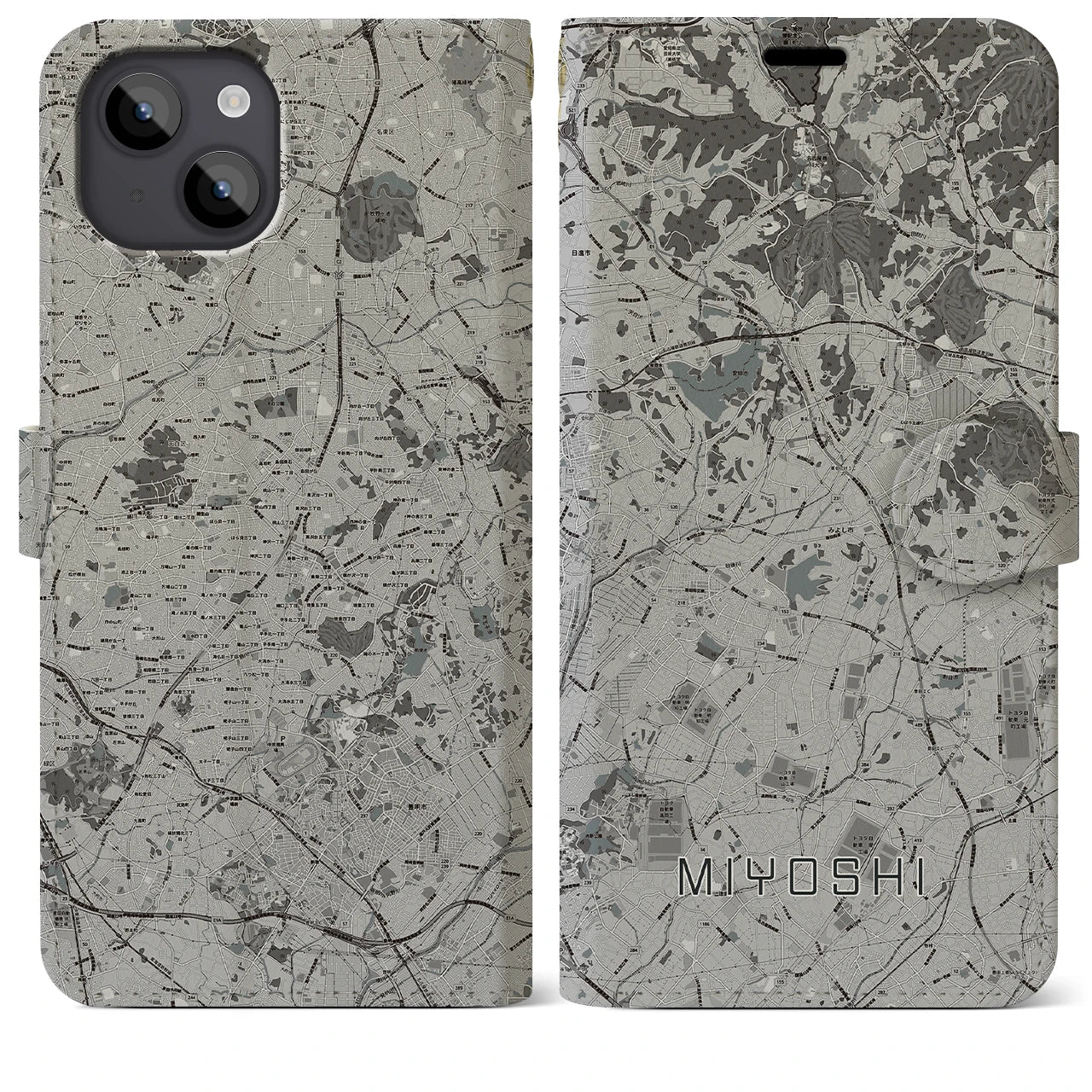 【みよし(愛知県)】地図柄iPhoneケース(手帳タイプ)モノトーン・iPhone 14 Plus 用