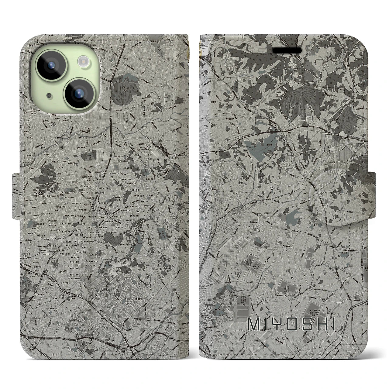 【みよし(愛知県)】地図柄iPhoneケース(手帳タイプ)モノトーン・iPhone 15 用