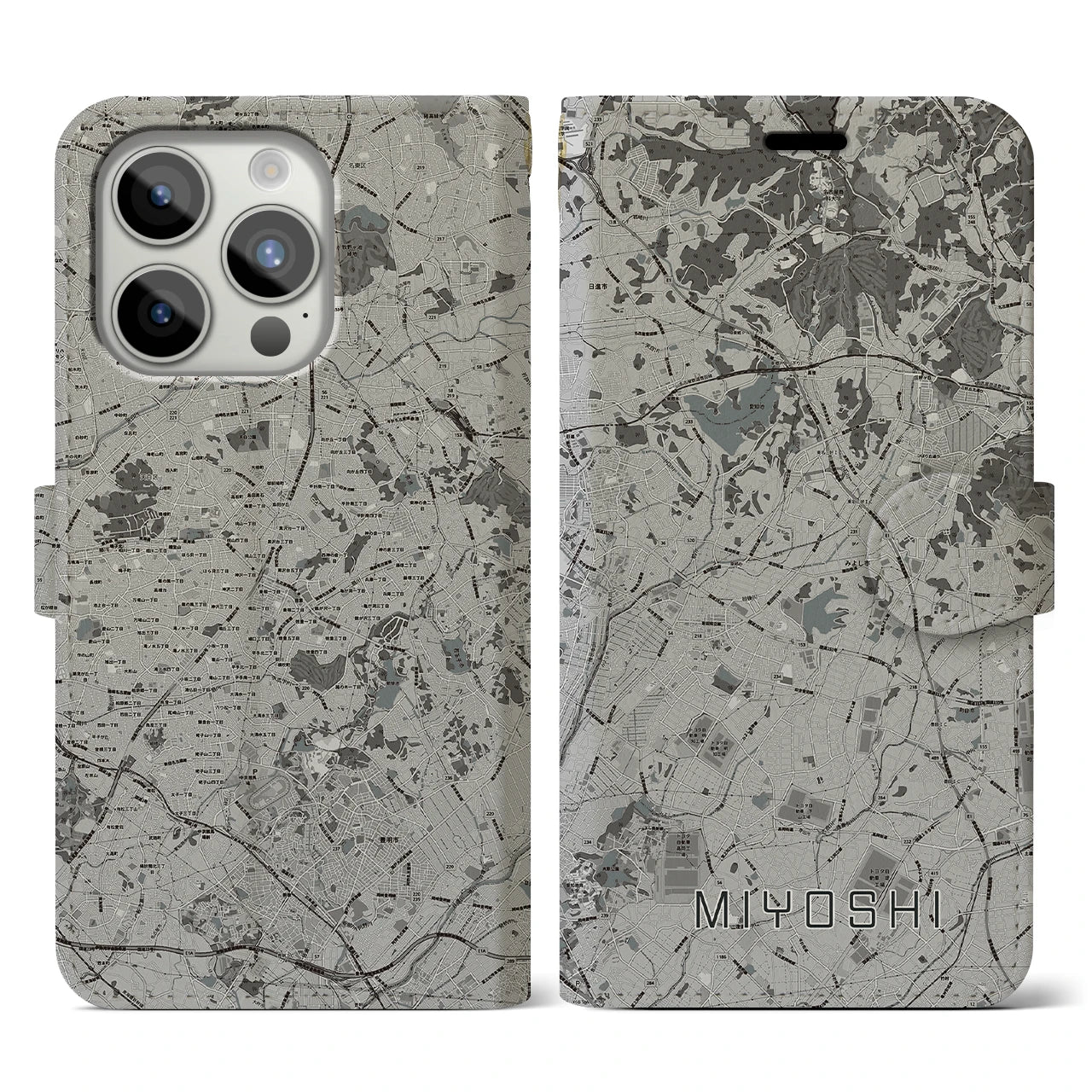 【みよし(愛知県)】地図柄iPhoneケース(手帳タイプ)モノトーン・iPhone 15 Pro 用