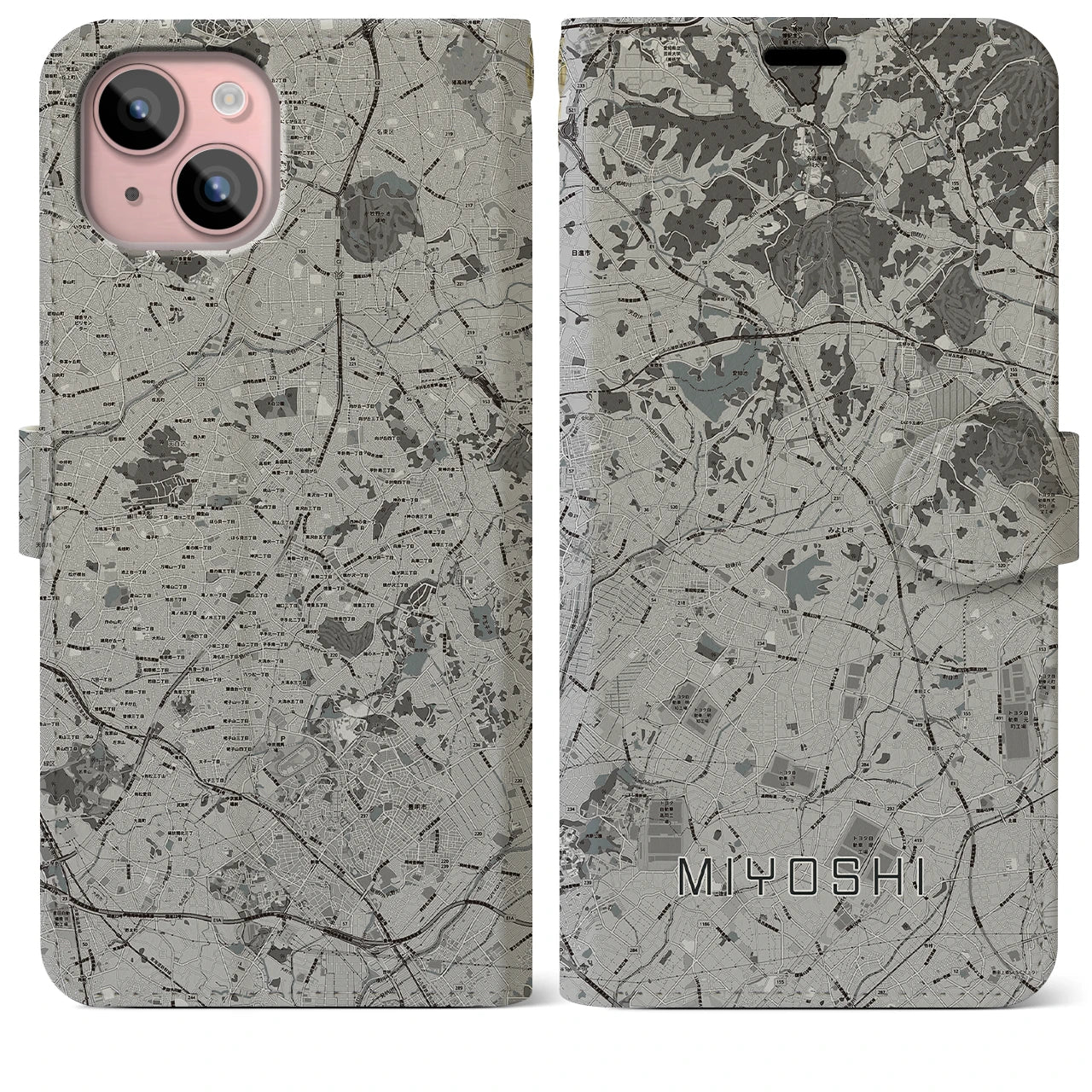 【みよし(愛知県)】地図柄iPhoneケース(手帳タイプ)モノトーン・iPhone 15 Plus 用
