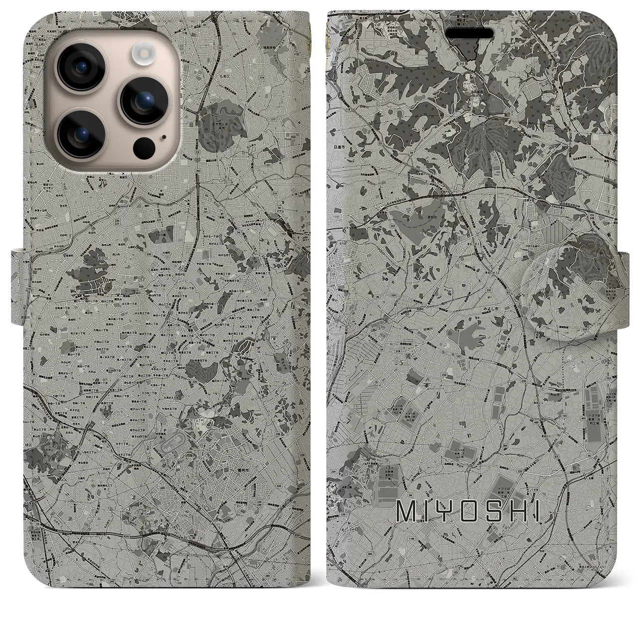 【みよし(愛知県)】地図柄iPhoneケース(手帳タイプ)モノトーン・iPhone 16 Plus 用