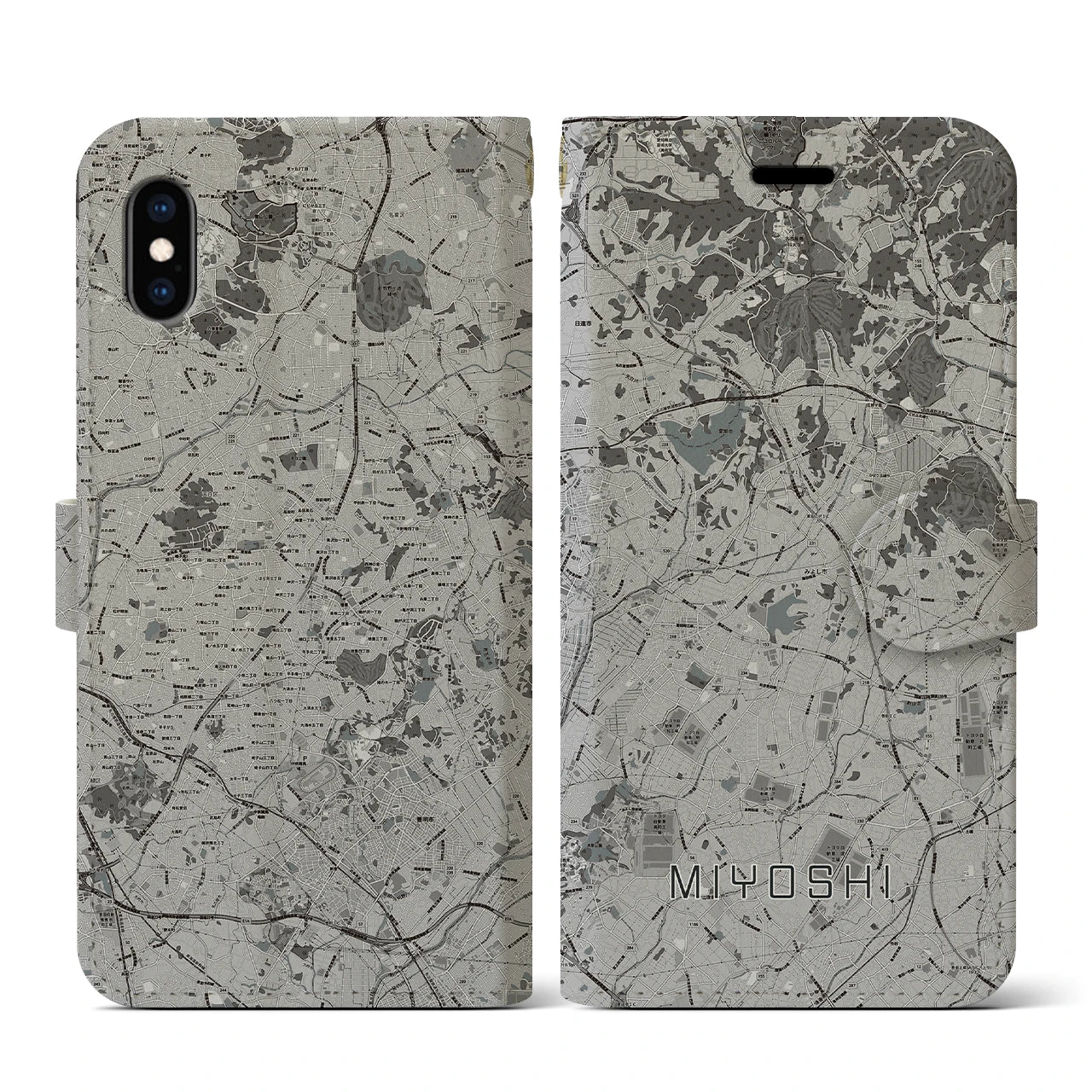 【みよし(愛知県)】地図柄iPhoneケース(手帳タイプ)モノトーン・iPhone XS / X 用