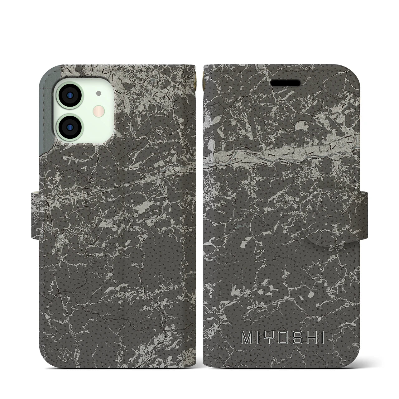 【三好(徳島県)】地図柄iPhoneケース(手帳タイプ)モノトーン・iPhone 12 mini 用