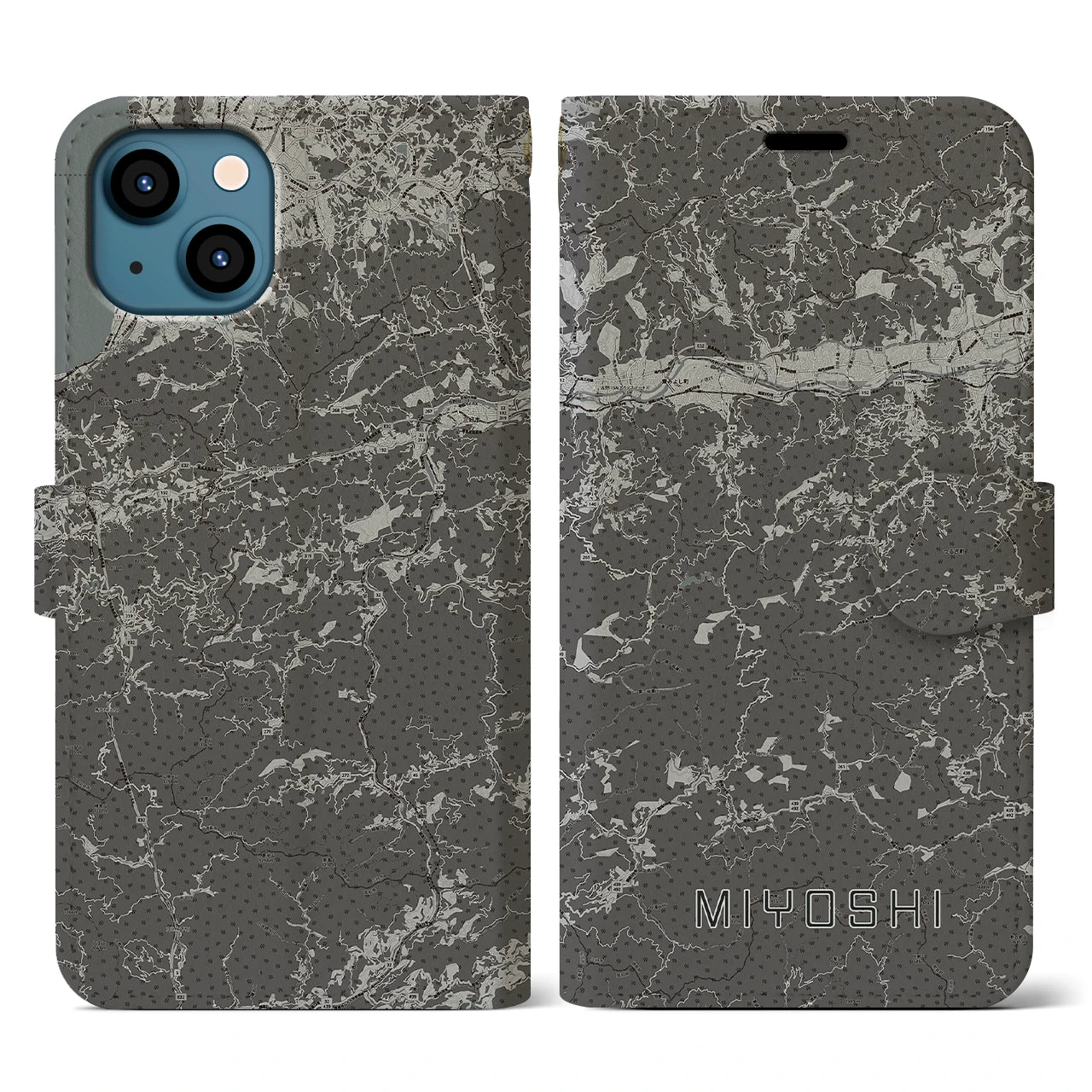 【三好(徳島県)】地図柄iPhoneケース(手帳タイプ)モノトーン・iPhone 13 用