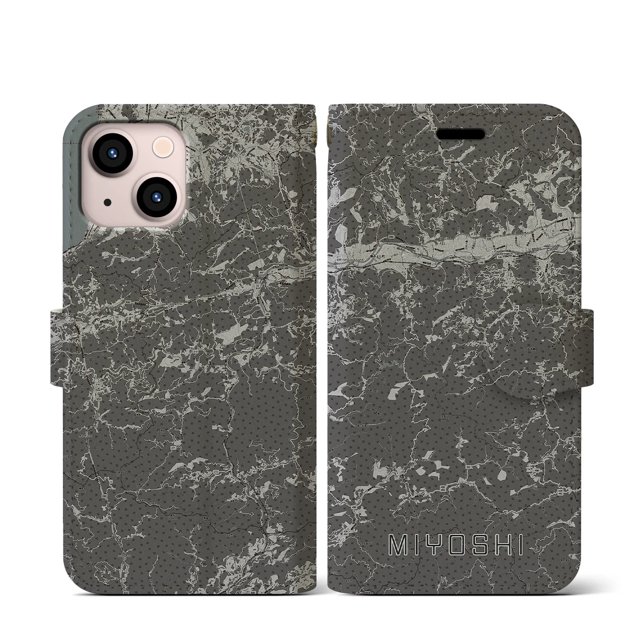 【三好(徳島県)】地図柄iPhoneケース(手帳タイプ)モノトーン・iPhone 13 mini 用
