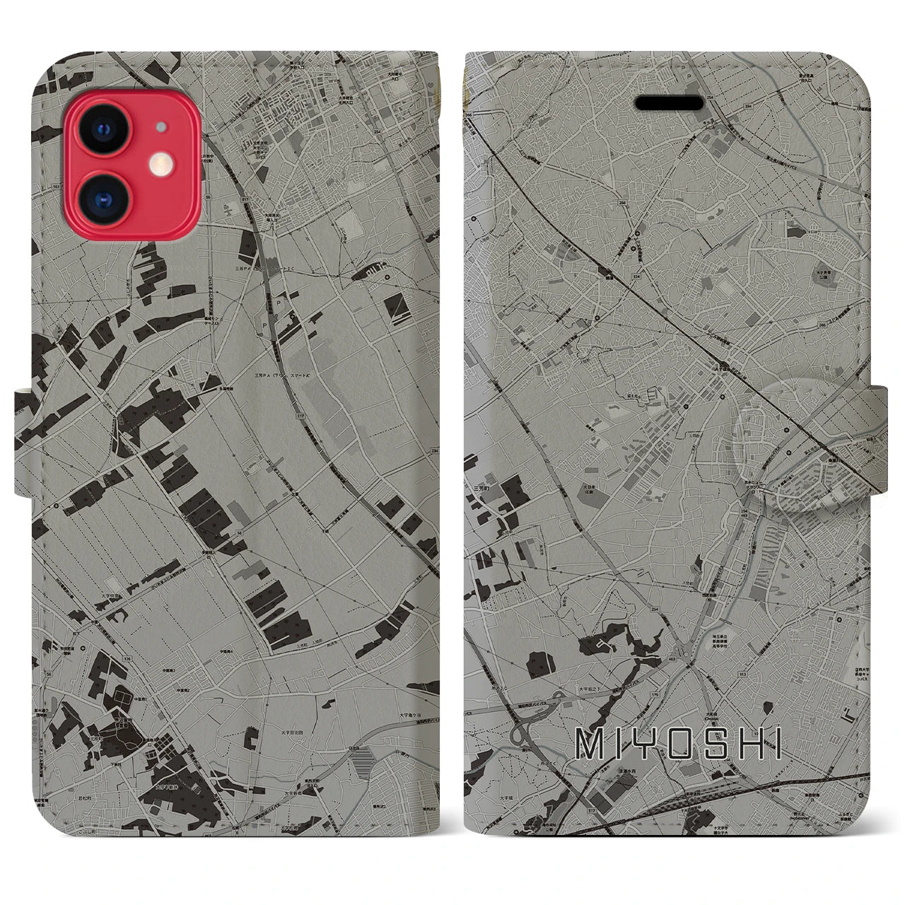 【三芳(埼玉県)】地図柄iPhoneケース(手帳タイプ)モノトーン・iPhone 11 用