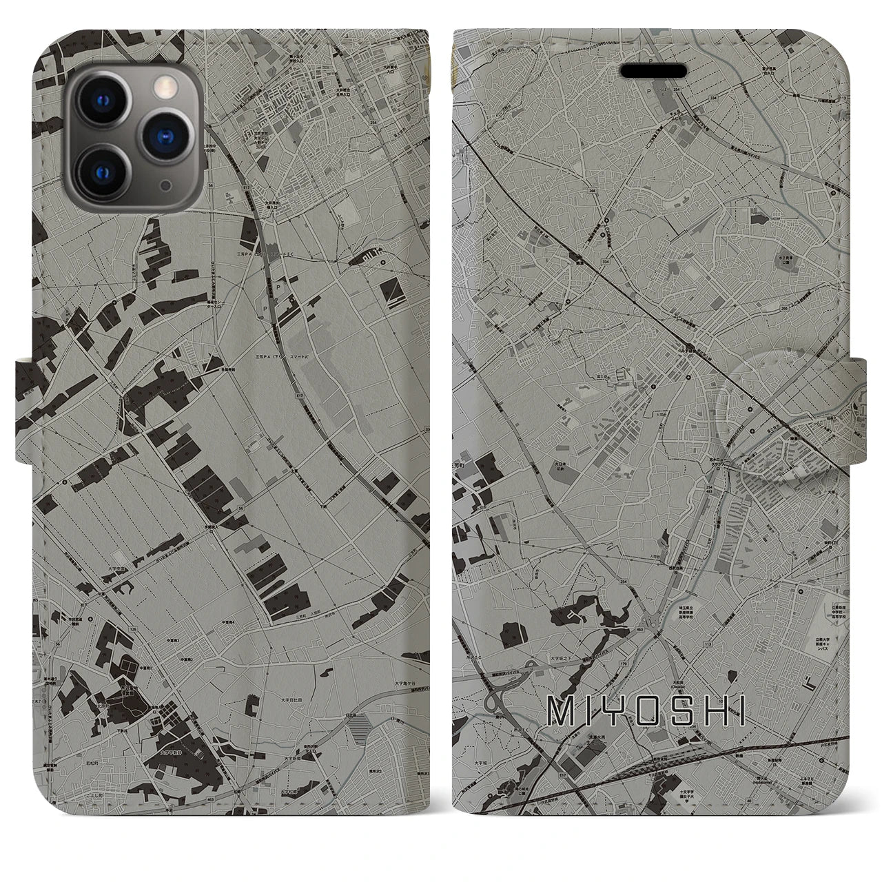 【三芳(埼玉県)】地図柄iPhoneケース(手帳タイプ)モノトーン・iPhone 11 Pro Max 用