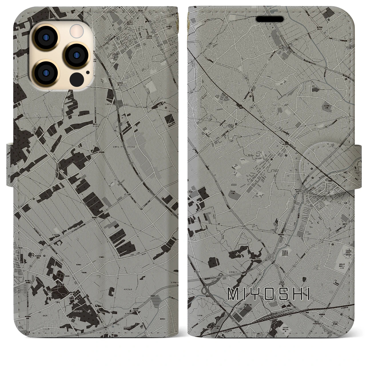 【三芳(埼玉県)】地図柄iPhoneケース(手帳タイプ)モノトーン・iPhone 12 Pro Max 用