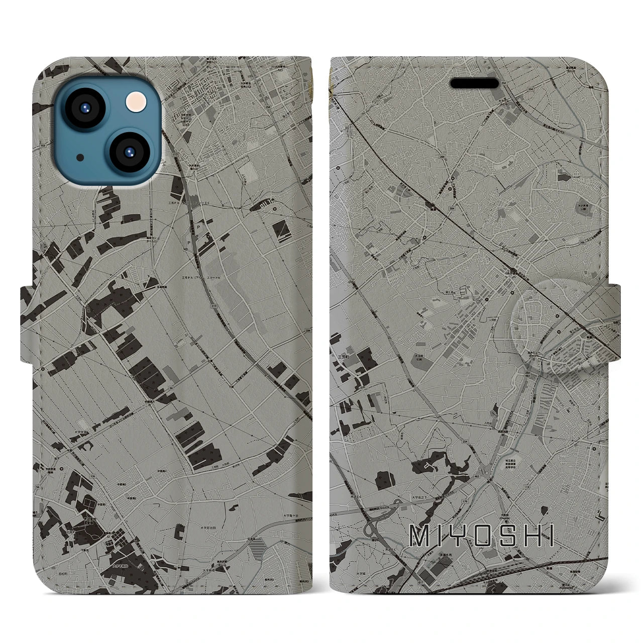 【三芳(埼玉県)】地図柄iPhoneケース(手帳タイプ)モノトーン・iPhone 13 用