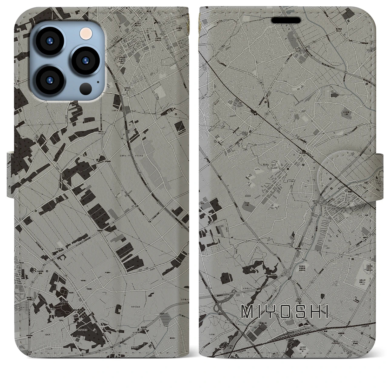 【三芳(埼玉県)】地図柄iPhoneケース(手帳タイプ)モノトーン・iPhone 13 Pro Max 用