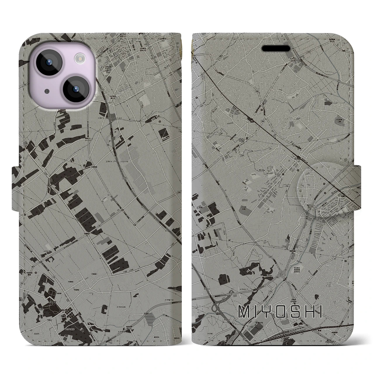 【三芳(埼玉県)】地図柄iPhoneケース(手帳タイプ)モノトーン・iPhone 14 用