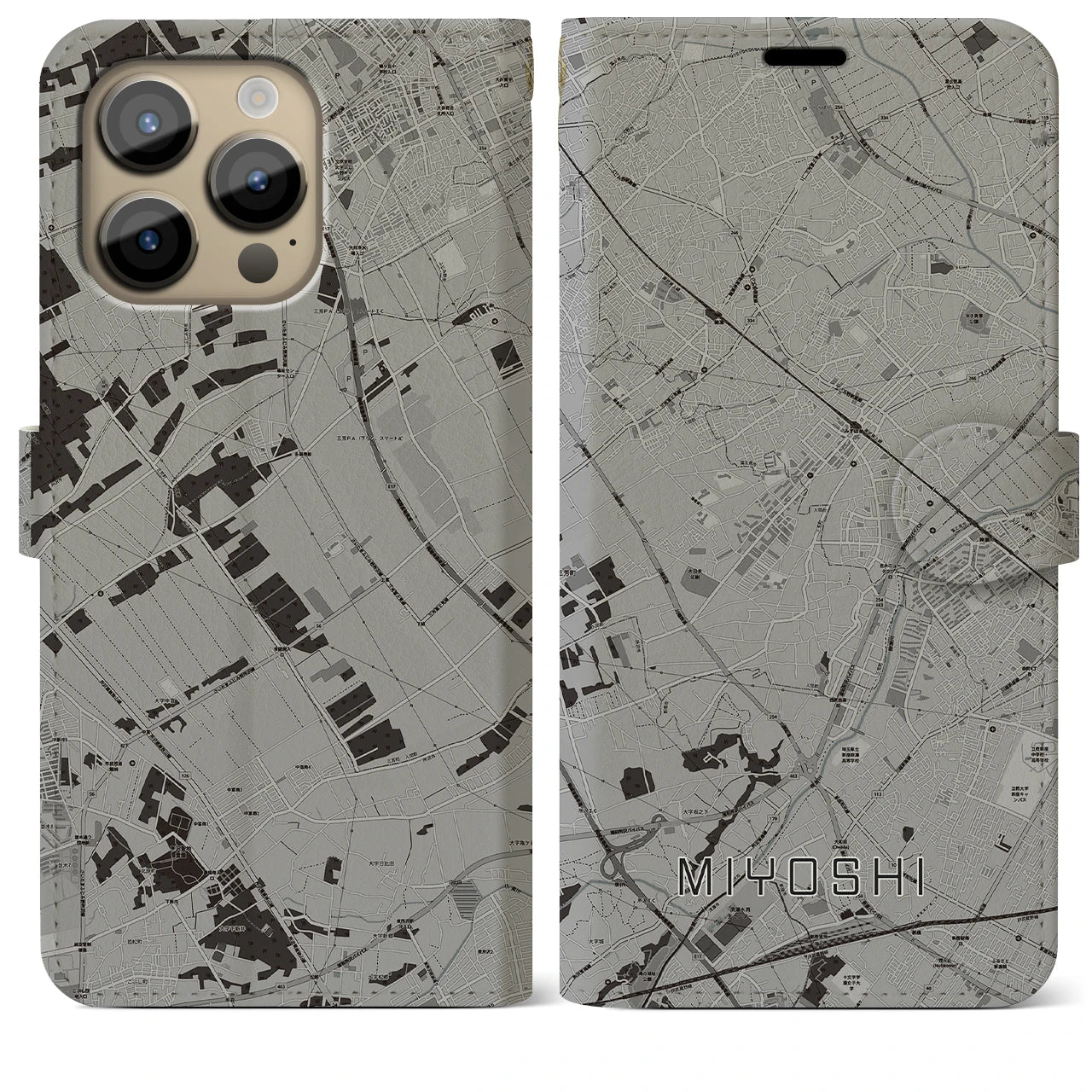 【三芳(埼玉県)】地図柄iPhoneケース(手帳タイプ)モノトーン・iPhone 14 Pro Max 用