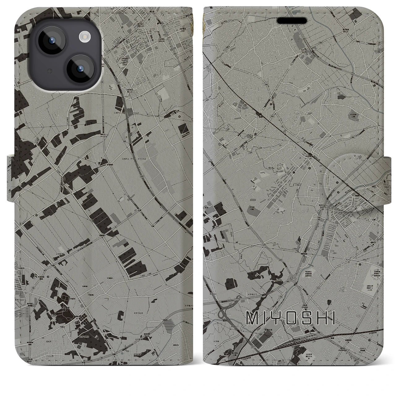 【三芳(埼玉県)】地図柄iPhoneケース(手帳タイプ)モノトーン・iPhone 14 Plus 用