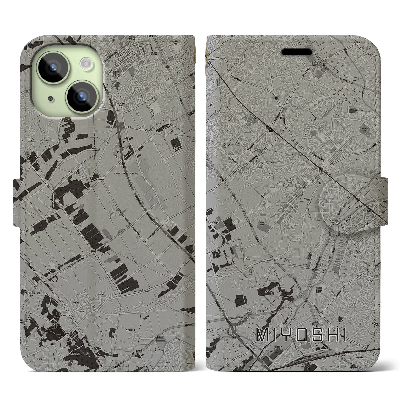 【三芳(埼玉県)】地図柄iPhoneケース(手帳タイプ)モノトーン・iPhone 15 用