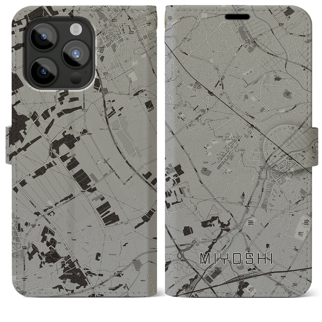 【三芳(埼玉県)】地図柄iPhoneケース(手帳タイプ)モノトーン・iPhone 15 Pro Max 用