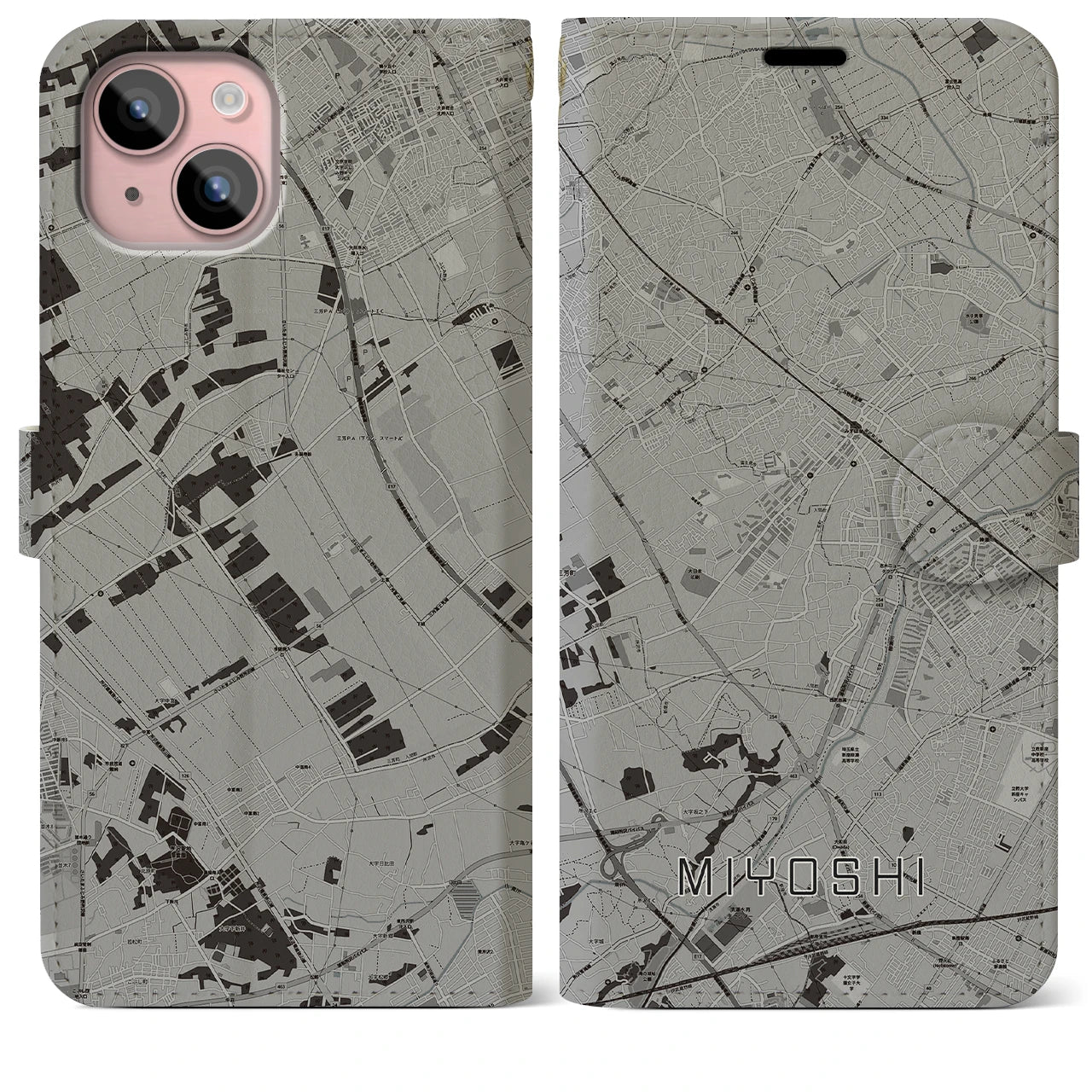 【三芳(埼玉県)】地図柄iPhoneケース(手帳タイプ)モノトーン・iPhone 15 Plus 用