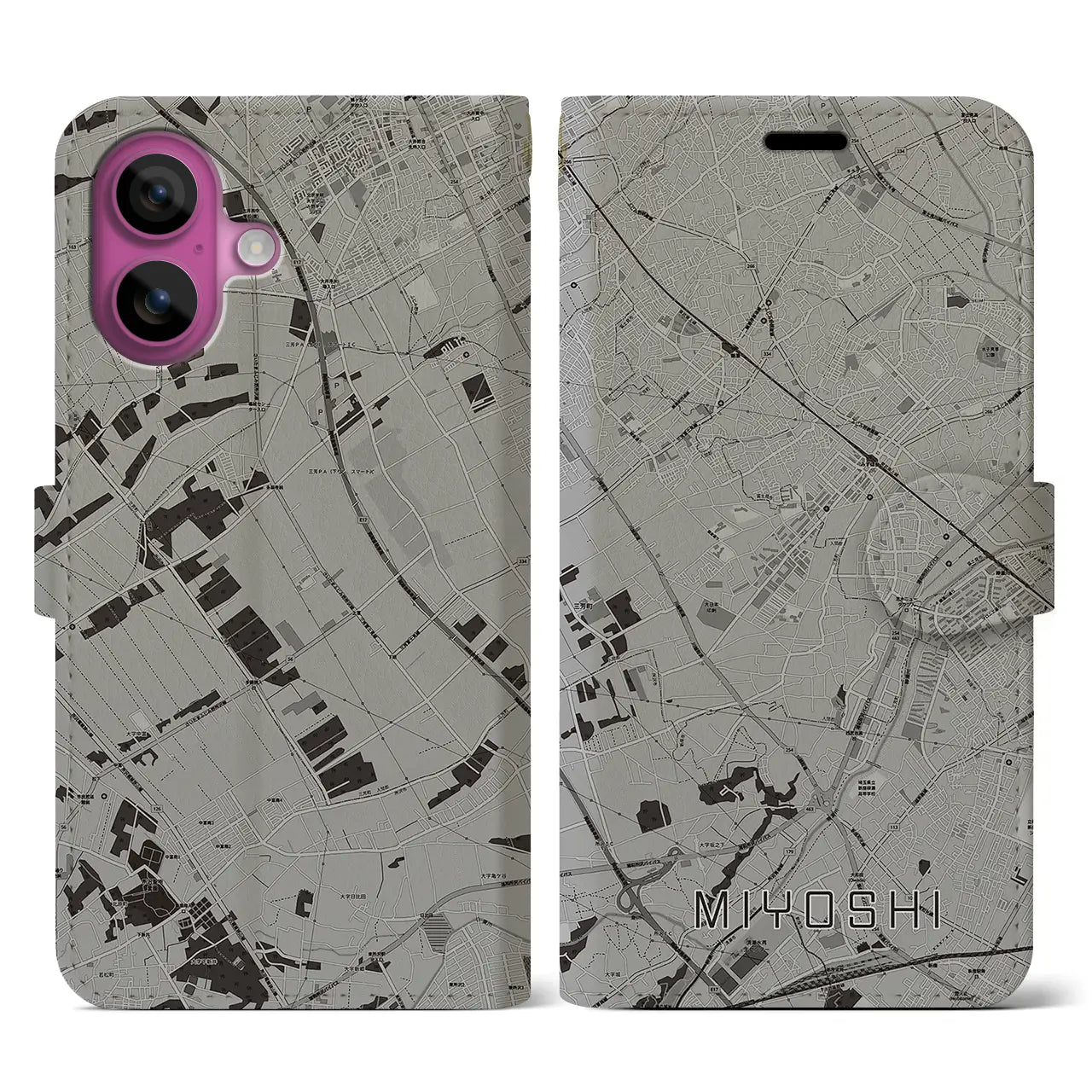 【三芳(埼玉県)】地図柄iPhoneケース(手帳タイプ)モノトーン・iPhone 16 Pro 用